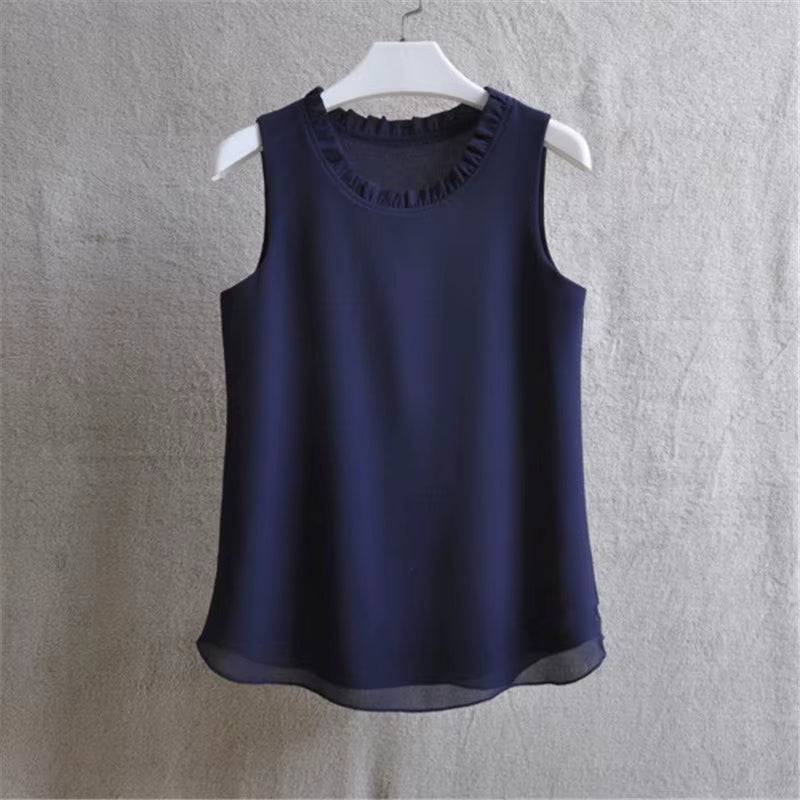 21 Colors Solid Ruffle Chiffon Blouse Women 2025 Summer Fashion Vest Blusas Casual Loose Sleeveless Ladies Tops Shirt