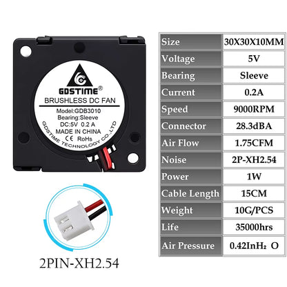 2 Pieces  DC 5V 12V 24V 30X30X10Mm Sleeve Dual Ball 1 Inch Small Mini Blower Cooling Fan 30Mm X 10Mm 3Cm 3010 3D Printer