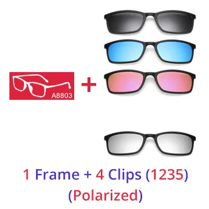 Polarized Sunglasses Men Women 5 in 1 Magnetic Clip on Glasses TR90 Optical Prescription Eyeglass Frames Magnet Clips