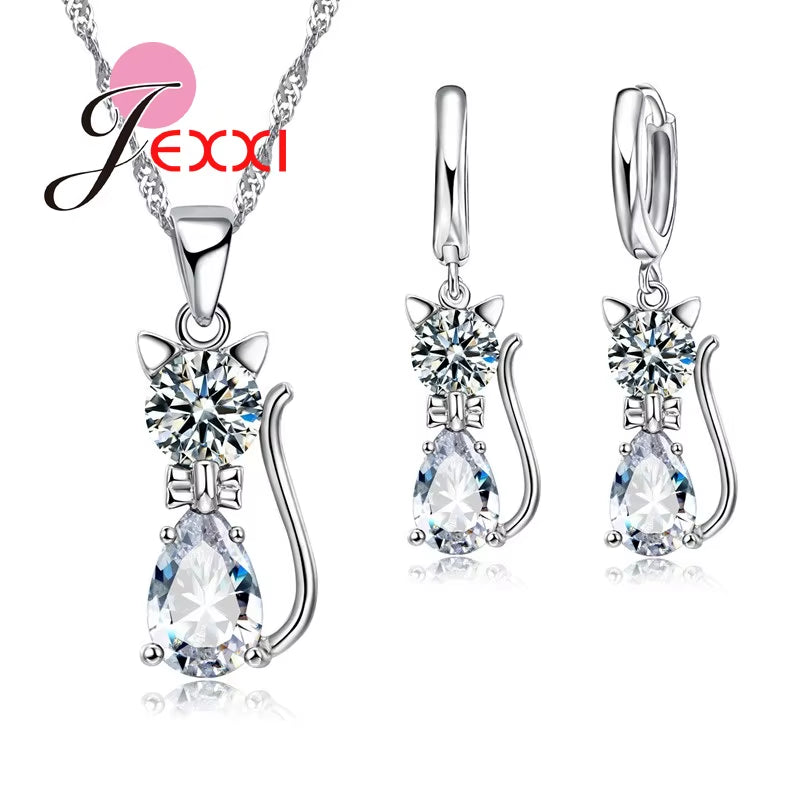 Fast Shipping Retail Romantic Engagement Silver Cute Cat Jewelry Sets Necklace Earrings with Austrian Crystal for Women