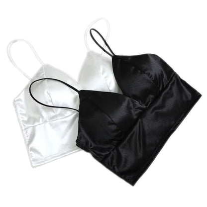 Sexy Satin Crop Tops Women Wireless Bralette Crochet Top Female Spaghetti Strap T-Shirt Cropped with Chest Padded Camisole Camis
