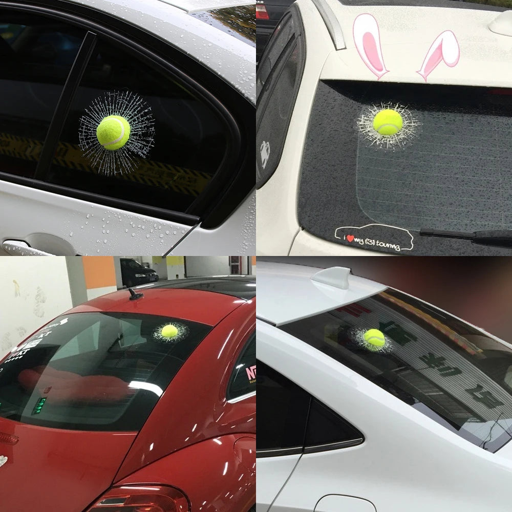 3D Tennis Ball Car Styling Stickers Hit Windows Funny Auto Windshield Decoration Self Adhesive Decal Accessories