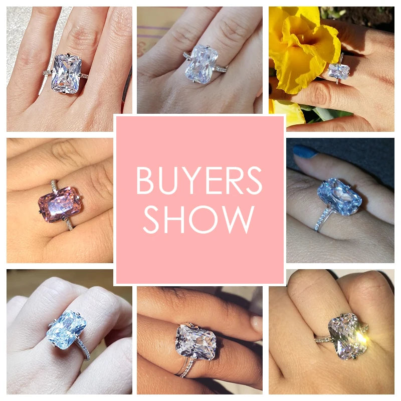 100% 925 Sterling Silver Rectangle 5A Clear Zircon Luxury Rings Anniversary Engagement Jewelry for Women Fashion Rings