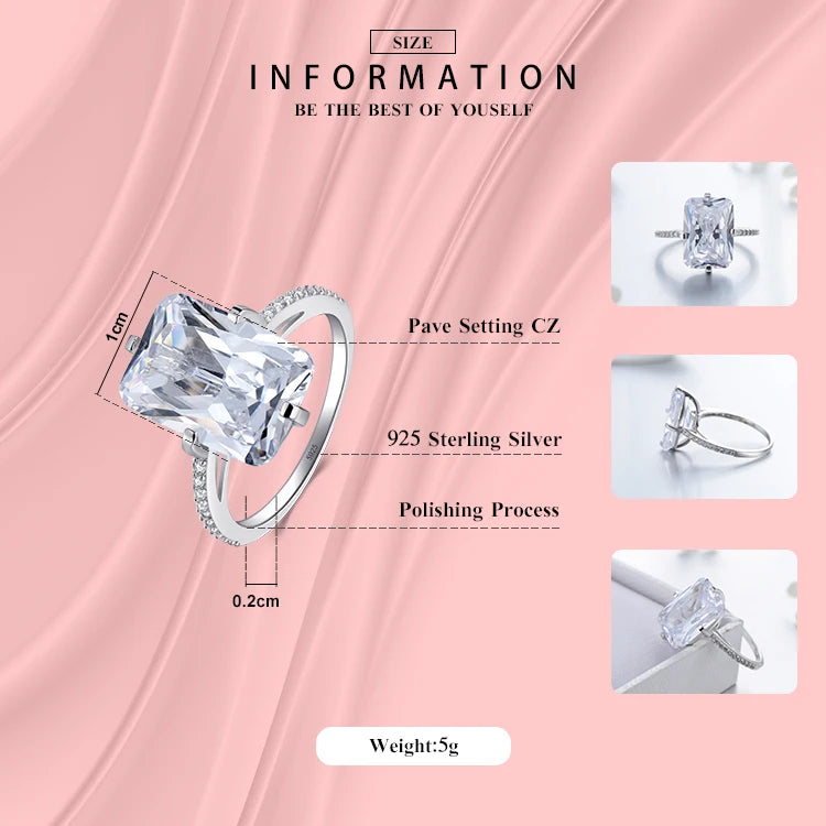 100% 925 Sterling Silver Rectangle 5A Clear Zircon Luxury Rings Anniversary Engagement Jewelry for Women Fashion Rings
