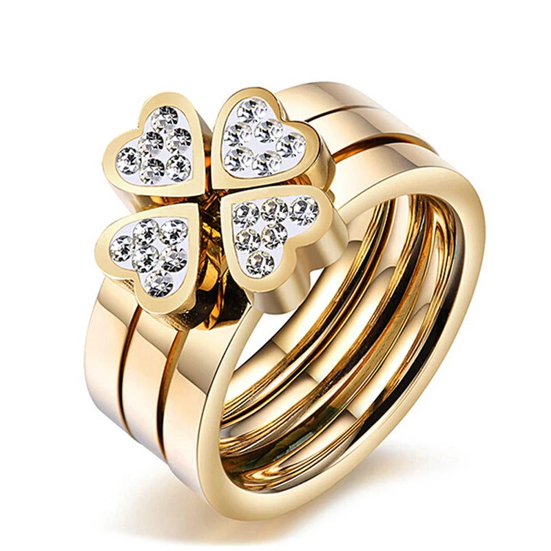 Gorgeous Three Ring Set for Women High Quality Stainless Steel Three Colors Crystal Clover Ring with Crystals