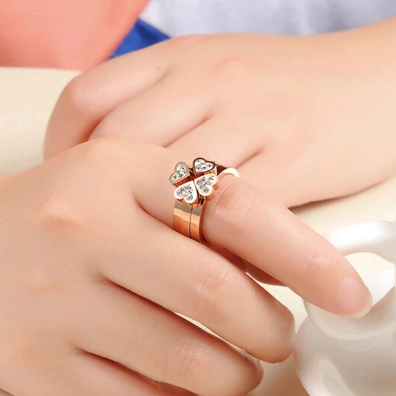 Gorgeous Three Ring Set for Women High Quality Stainless Steel Three Colors Crystal Clover Ring with Crystals