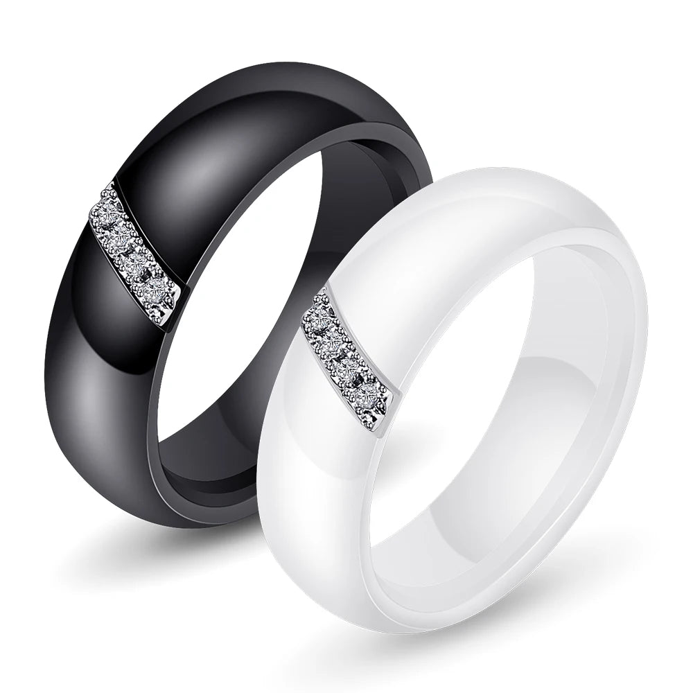 Fashion White Black Ceramic Rings for Women Smooth Surface Inlaid Zircon Women Ring Stainless Steel Wedding Engagement Gift