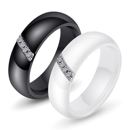 Fashion White Black Ceramic Rings for Women Smooth Surface Inlaid Zircon Women Ring Stainless Steel Wedding Engagement Gift