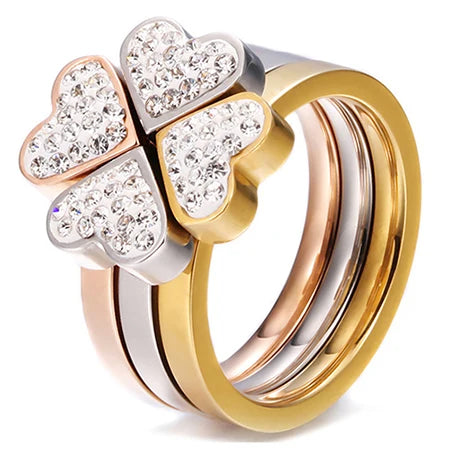 Gorgeous Three Ring Set for Women High Quality Stainless Steel Three Colors Crystal Clover Ring with Crystals