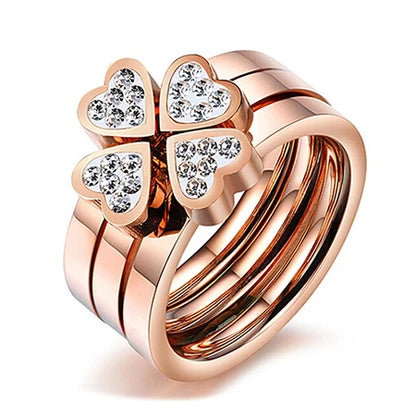 Gorgeous Three Ring Set for Women High Quality Stainless Steel Three Colors Crystal Clover Ring with Crystals