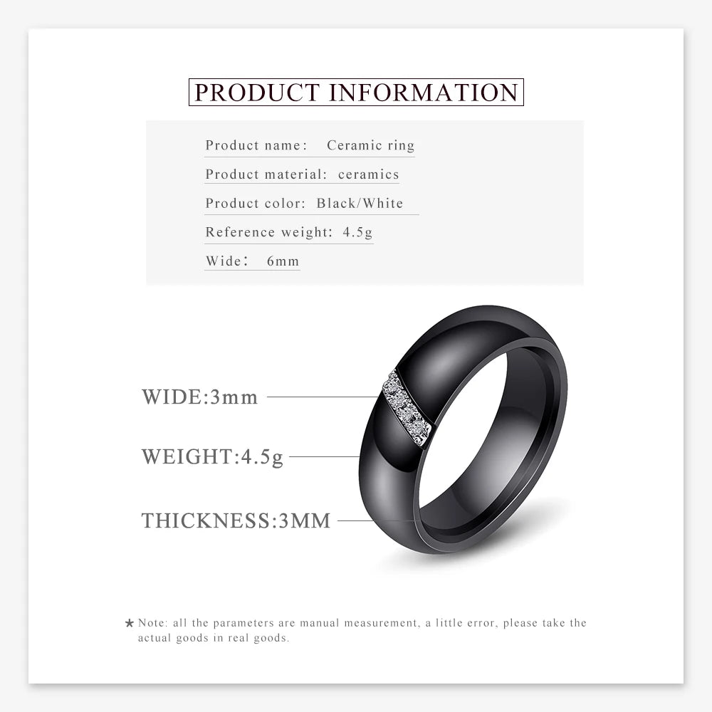 Fashion White Black Ceramic Rings for Women Smooth Surface Inlaid Zircon Women Ring Stainless Steel Wedding Engagement Gift