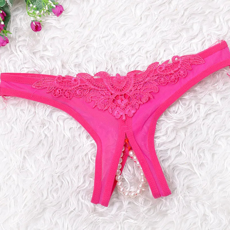 Women Low Waist Panties Lace G Strings Sexy Underwear Pearl Crotchless Briefs Female Lingerie Tanga