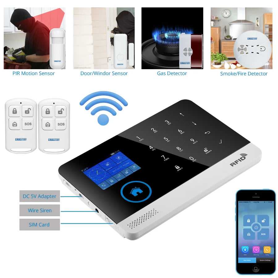 Wireless Tuya APP SIM GSM Home RFID Burglar Security LCD Touch Keyboard WIFI GSM Alarm System Sensor Kit Russian,Spanish Voice