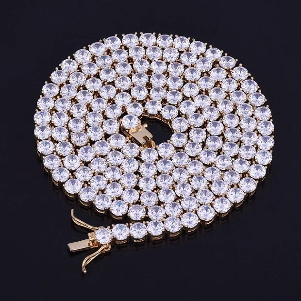 1 Row Tennis Chain Zircon Necklace Hip Hop Jewelry Gold Color Copper Material Men Rock Link 18Inch 20Inch
