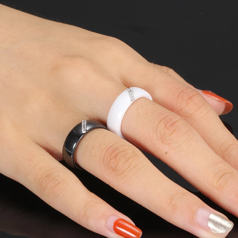 Fashion White Black Ceramic Rings for Women Smooth Surface Inlaid Zircon Women Ring Stainless Steel Wedding Engagement Gift