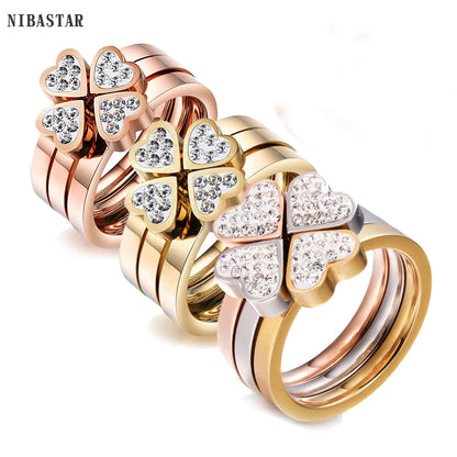 Gorgeous Three Ring Set for Women High Quality Stainless Steel Three Colors Crystal Clover Ring with Crystals