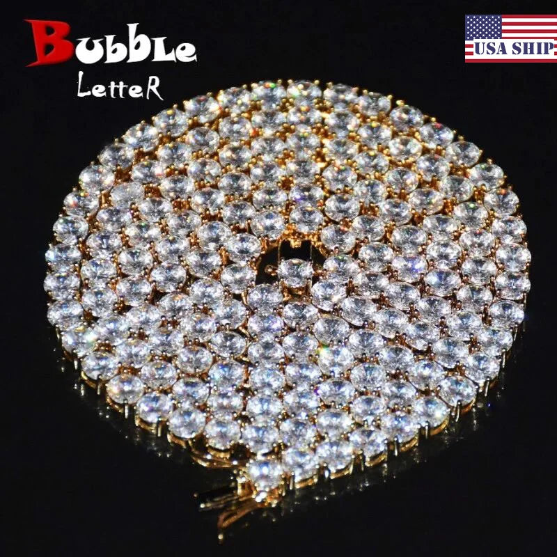 1 Row Tennis Chain Zircon Necklace Hip Hop Jewelry Gold Color Copper Material Men Rock Link 18Inch 20Inch