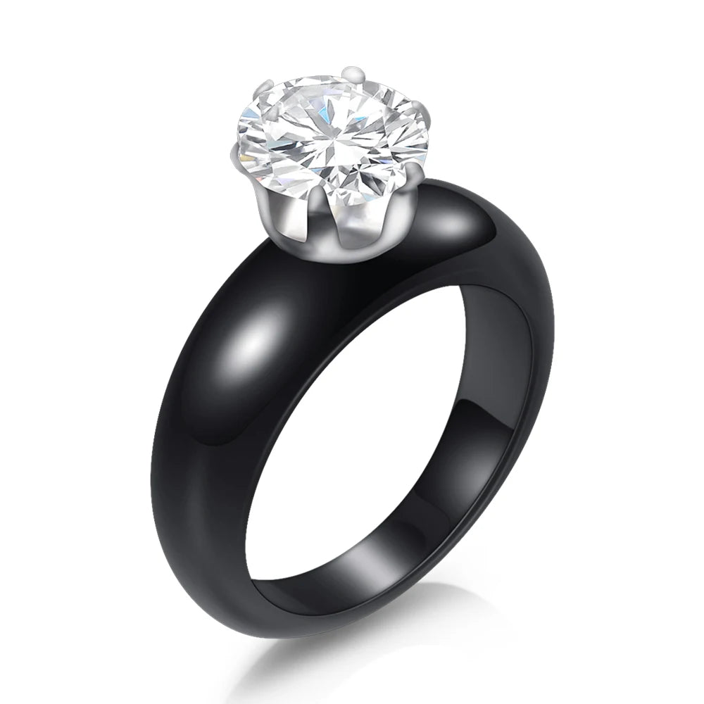 Fashion White Black Ceramic Rings for Women Smooth Surface Inlaid Zircon Women Ring Stainless Steel Wedding Engagement Gift
