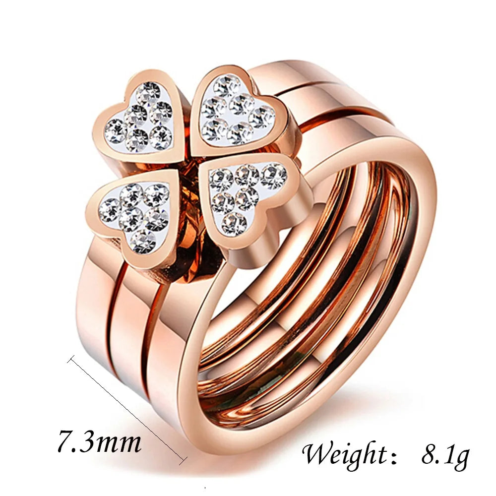 Gorgeous Three Ring Set for Women High Quality Stainless Steel Three Colors Crystal Clover Ring with Crystals