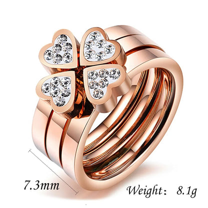 Gorgeous Three Ring Set for Women High Quality Stainless Steel Three Colors Crystal Clover Ring with Crystals