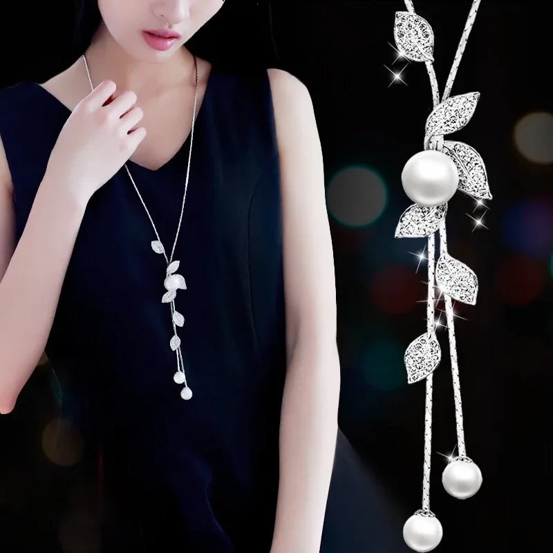 Imitation Pearl Necklaces Retro Popular Vintage Leaf Collar Statement Necklace Long Jewelry for Women