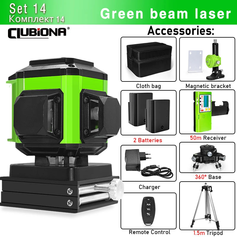 16/12 Lines Self-Leveling Remote Control Outdoor Mode - Receiver Auto 3X360 Green Beam Line Laser Level