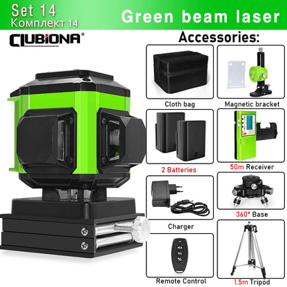 16/12 Lines Self-Leveling Remote Control Outdoor Mode - Receiver Auto 3X360 Green Beam Line Laser Level