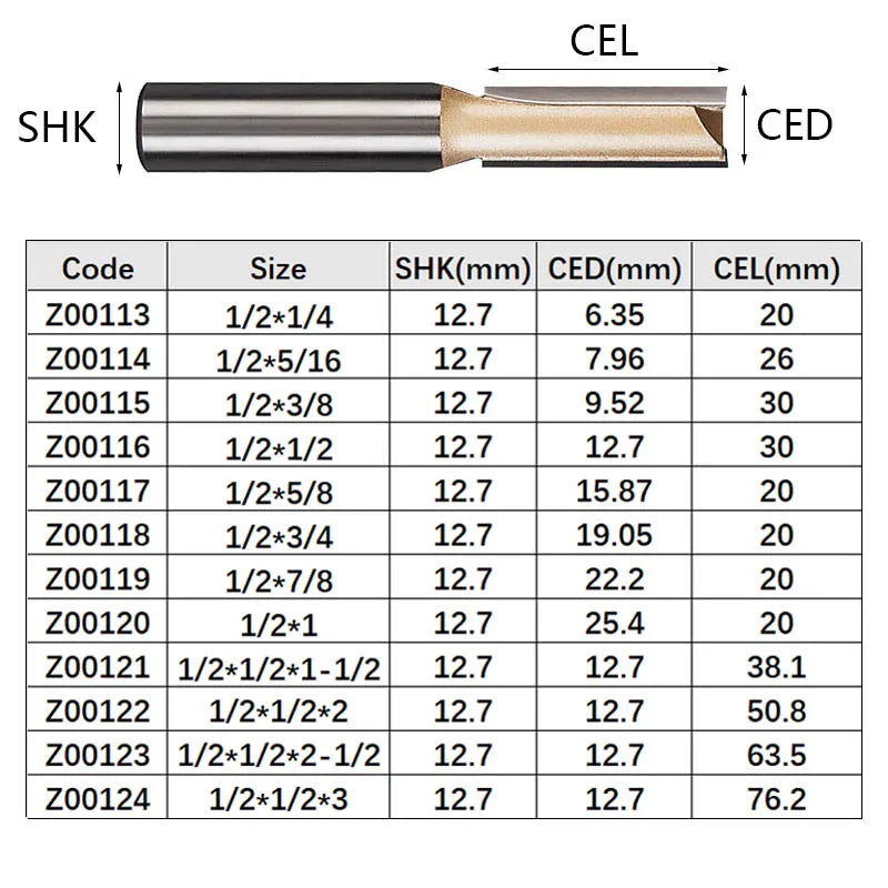 Straight Router Bits 1/2 1/4 Shank Double Flute Plunge Milling Cutter Carbide Tipped Woodworking Trimming Slotting Tool