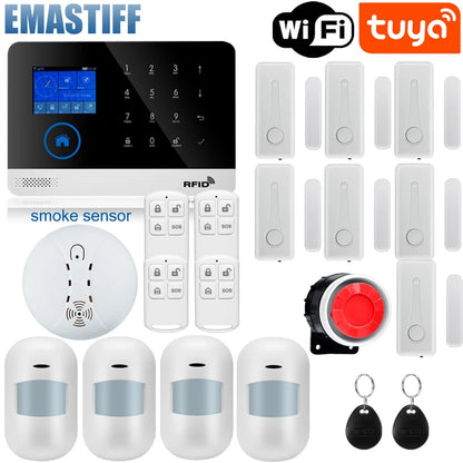 Wireless Tuya APP SIM GSM Home RFID Burglar Security LCD Touch Keyboard WIFI GSM Alarm System Sensor Kit Russian,Spanish Voice