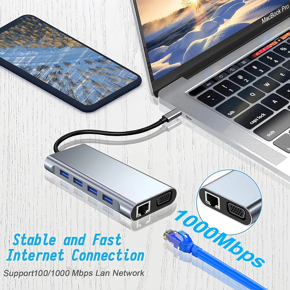 11-In-1 Type-C Docking Station USB 3.0 HUB USB C Splitter Type C to 4K HDMI VGA PD RJ45 1000M Network Adapter for Laptop Macbook