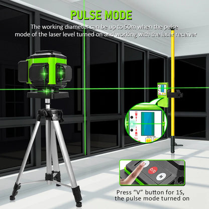 16/12 Lines Self-Leveling Remote Control Outdoor Mode - Receiver Auto 3X360 Green Beam Line Laser Level