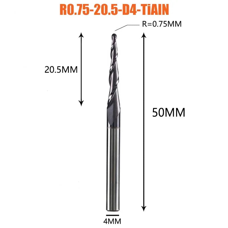 1 Pcs Solid Carbide Coated Taper Ball Nose Bit CNC Milling Cutter Router Bits for Wood and Cutters for Metal End Mill