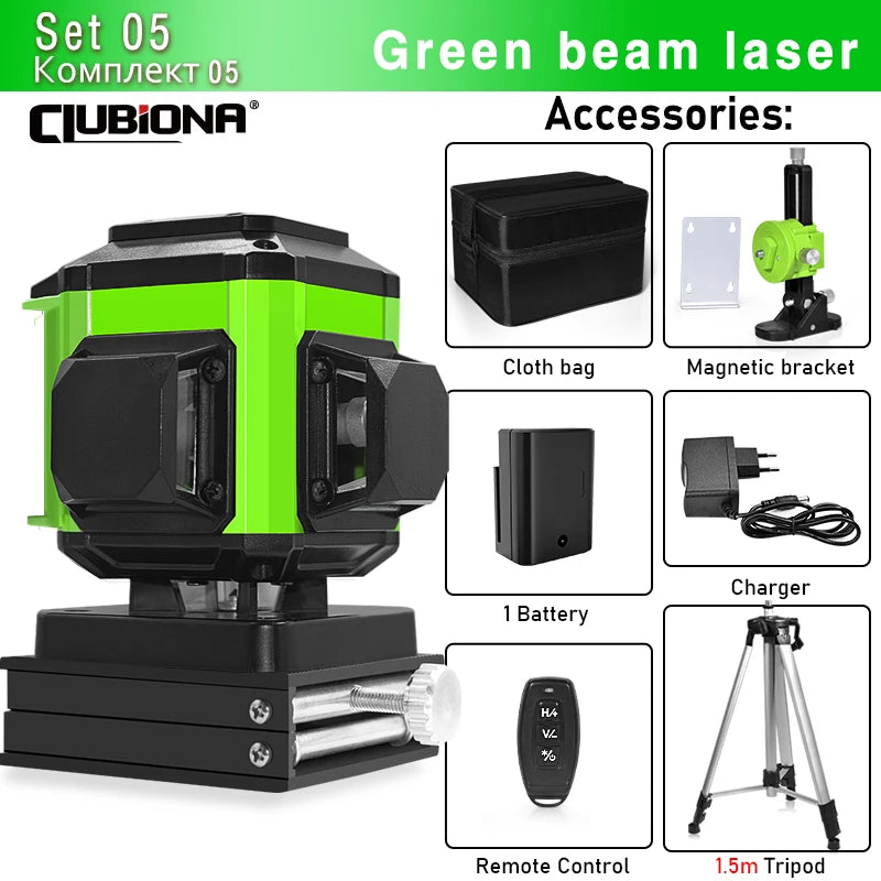 16/12 Lines Self-Leveling Remote Control Outdoor Mode - Receiver Auto 3X360 Green Beam Line Laser Level