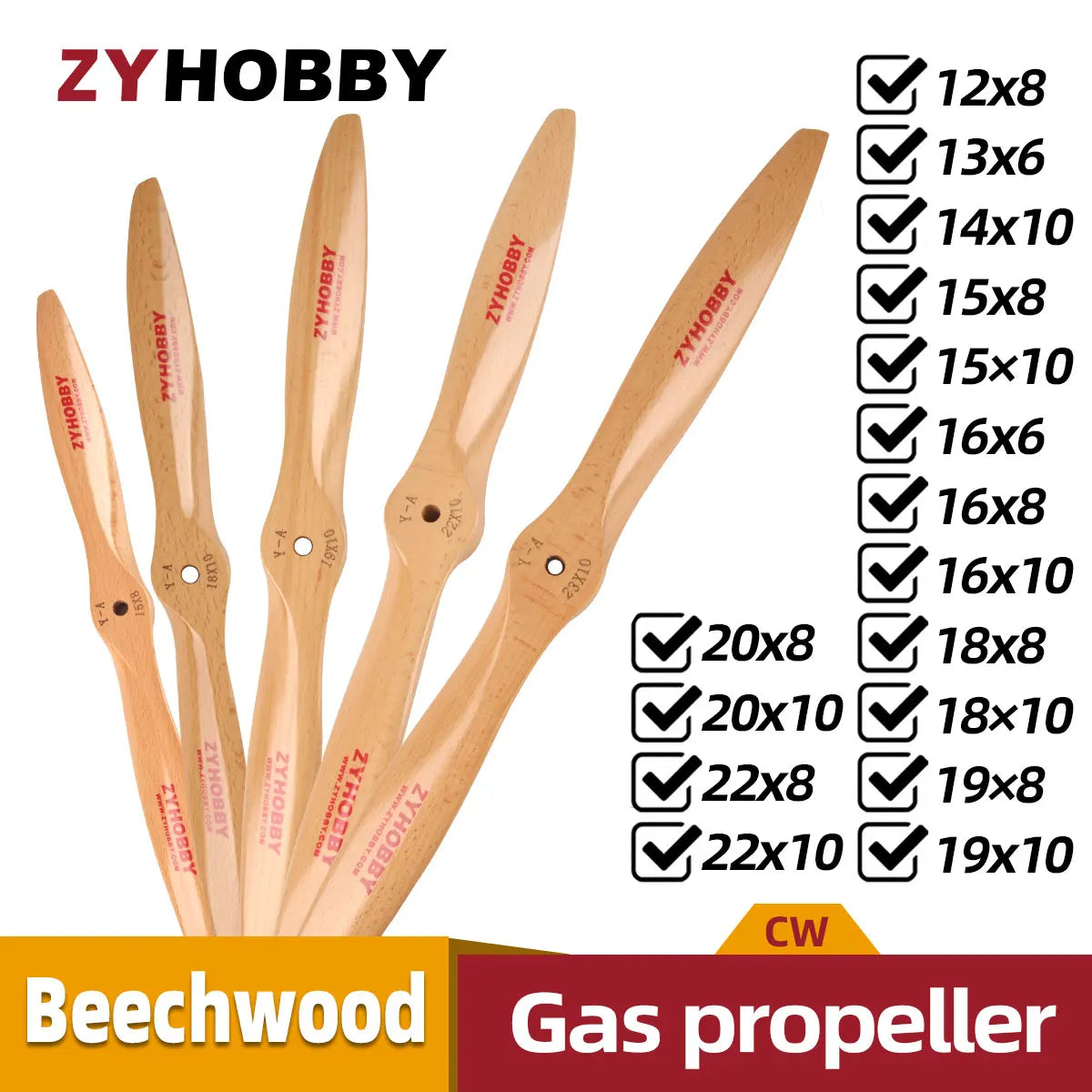 CW Wooden Propeller for Gasoline RC Airplane 16X6 16X8 16X10 18X8 18X10 19X8 19X10 20X8 20X10 21X10 22X8 22X10