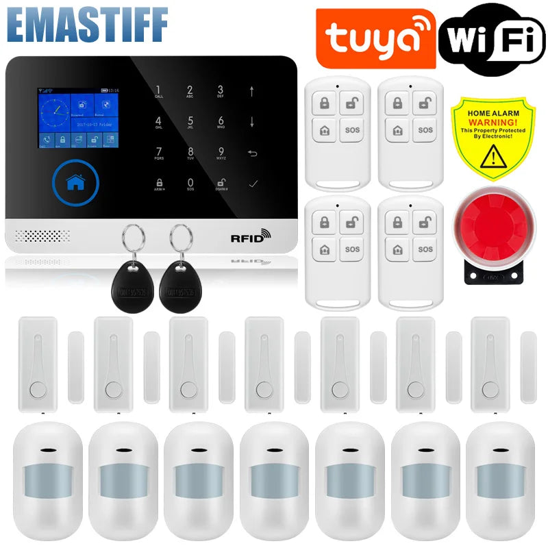 Wireless Tuya APP SIM GSM Home RFID Burglar Security LCD Touch Keyboard WIFI GSM Alarm System Sensor Kit Russian,Spanish Voice