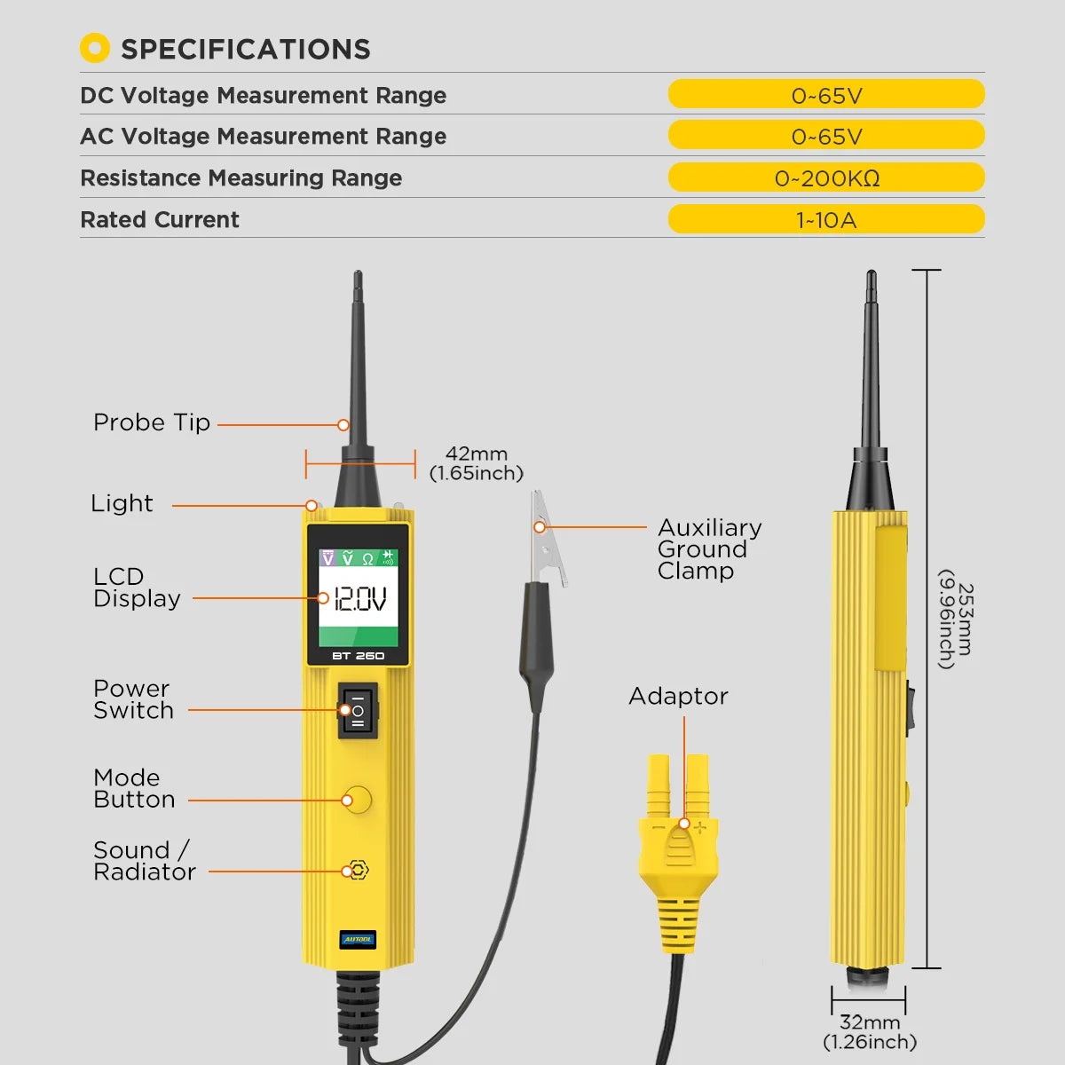 BT260 Car Electrical Circuit Tester Power Probe Automotive Scanner Auto LED Display Voltage Digital Diagnostic Tool Pb100