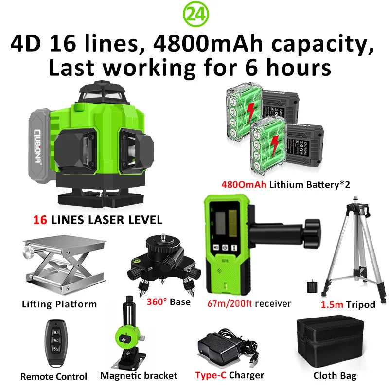 16/12 Lines Self-Leveling Remote Control Outdoor Mode - Receiver Auto 3X360 Green Beam Line Laser Level