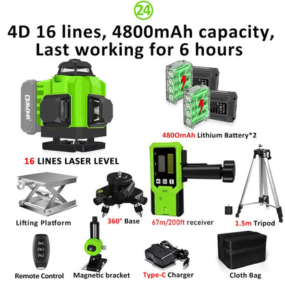 16/12 Lines Self-Leveling Remote Control Outdoor Mode - Receiver Auto 3X360 Green Beam Line Laser Level