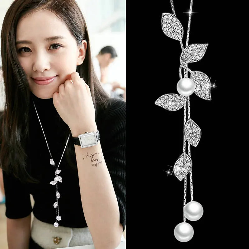 Imitation Pearl Necklaces Retro Popular Vintage Leaf Collar Statement Necklace Long Jewelry for Women