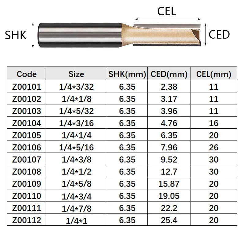 Straight Router Bits 1/2 1/4 Shank Double Flute Plunge Milling Cutter Carbide Tipped Woodworking Trimming Slotting Tool