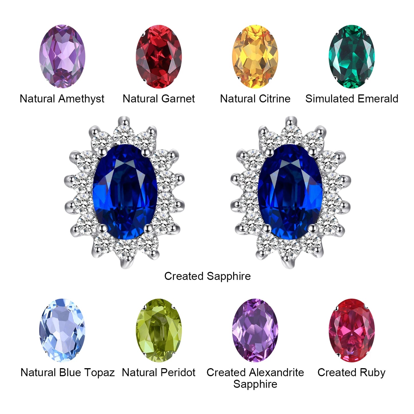 Created Blue Sapphire Ruby 925 Sterling Silver Stud Earrings Natural Amethyst Garnet Peridot Topaz Princess Diana