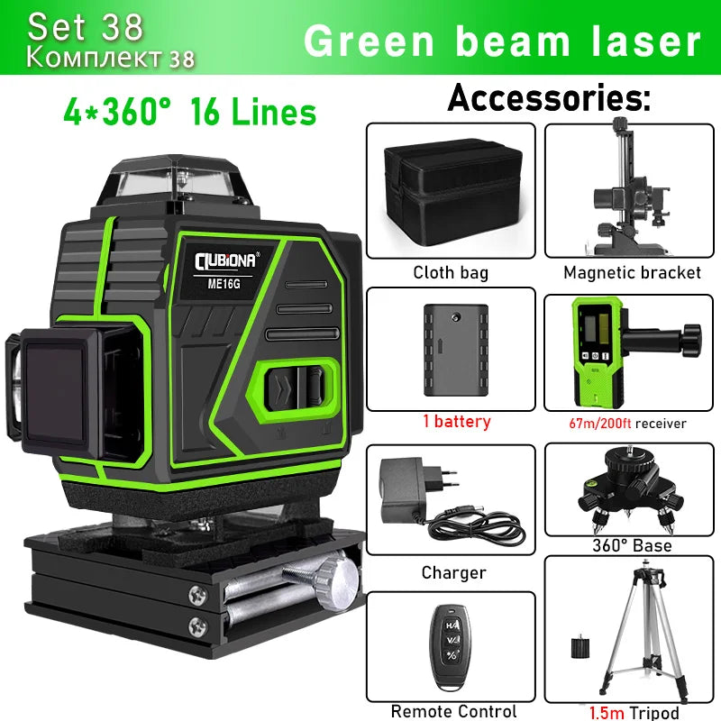 16/12 Lines Self-Leveling Remote Control Outdoor Mode - Receiver Auto 3X360 Green Beam Line Laser Level