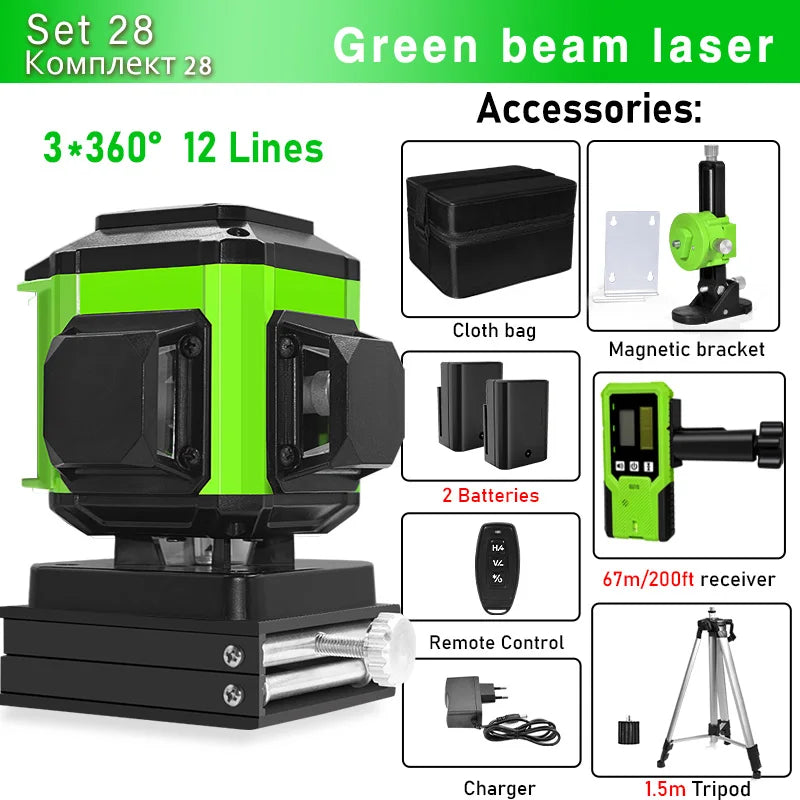 16/12 Lines Self-Leveling Remote Control Outdoor Mode - Receiver Auto 3X360 Green Beam Line Laser Level