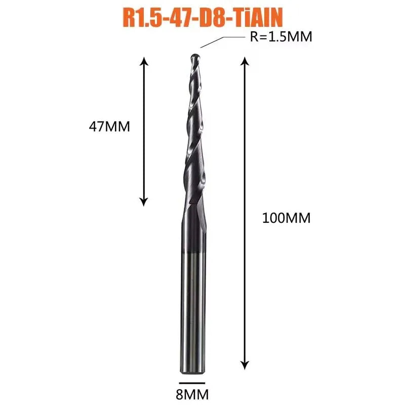 1 Pcs Solid Carbide Coated Taper Ball Nose Bit CNC Milling Cutter Router Bits for Wood and Cutters for Metal End Mill