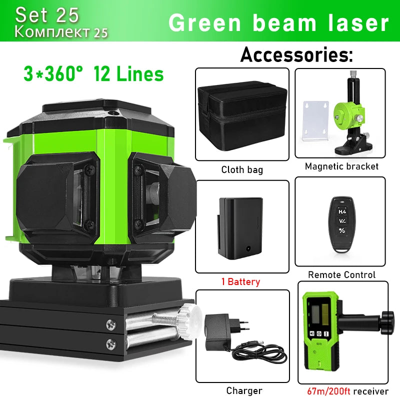 16/12 Lines Self-Leveling Remote Control Outdoor Mode - Receiver Auto 3X360 Green Beam Line Laser Level