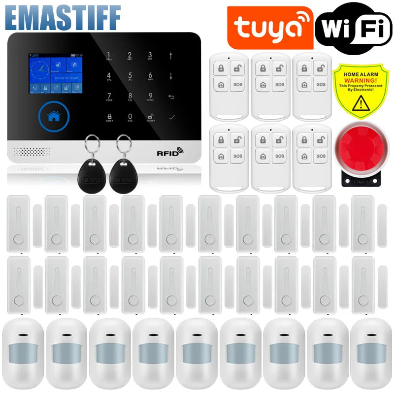 Wireless Tuya APP SIM GSM Home RFID Burglar Security LCD Touch Keyboard WIFI GSM Alarm System Sensor Kit Russian,Spanish Voice
