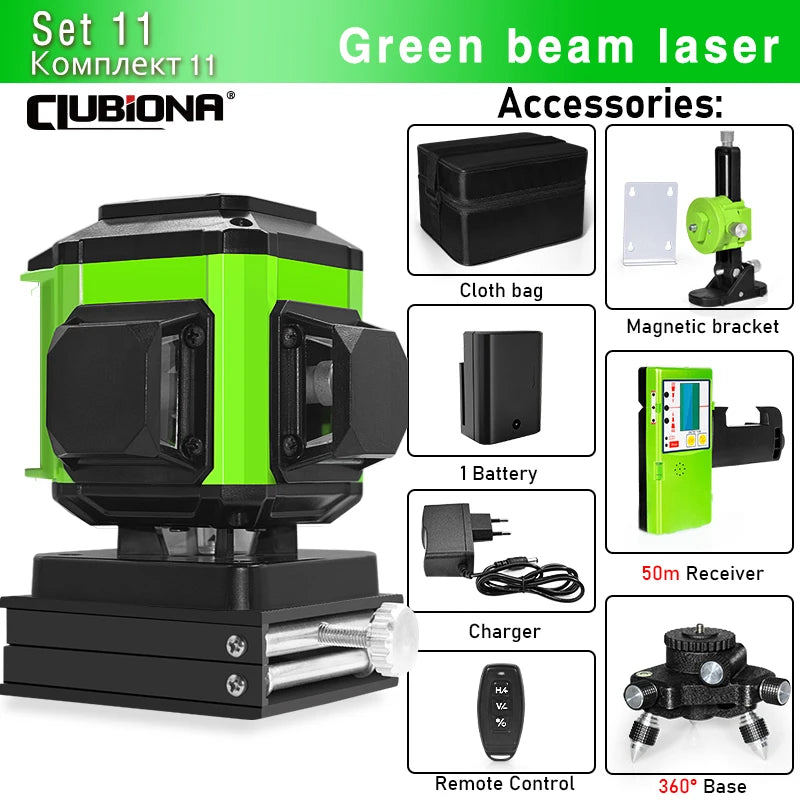 16/12 Lines Self-Leveling Remote Control Outdoor Mode - Receiver Auto 3X360 Green Beam Line Laser Level