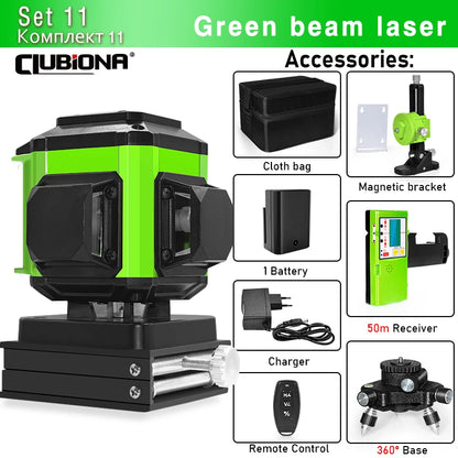 16/12 Lines Self-Leveling Remote Control Outdoor Mode - Receiver Auto 3X360 Green Beam Line Laser Level
