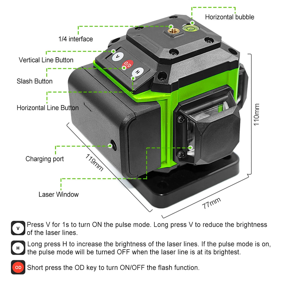 16/12 Lines Self-Leveling Remote Control Outdoor Mode - Receiver Auto 3X360 Green Beam Line Laser Level