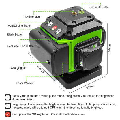 16/12 Lines Self-Leveling Remote Control Outdoor Mode - Receiver Auto 3X360 Green Beam Line Laser Level